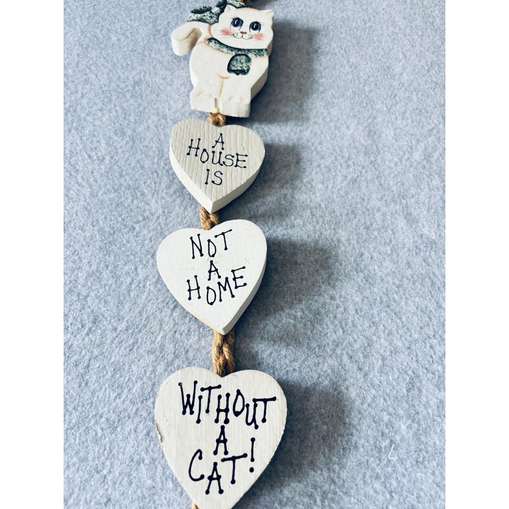 Vintage Folk Art Wood & Braided Twine Kitty Cat Door Hanger 27" Home Decor Heart